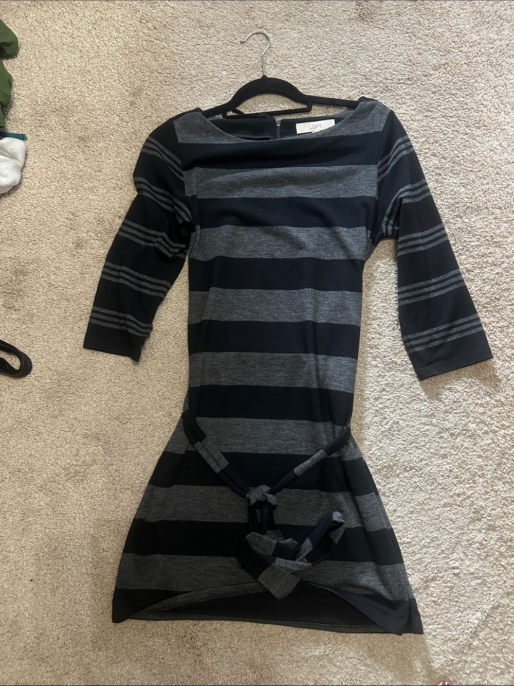 LOFT Black and Gray Striped Knit Dress with Waist Tie